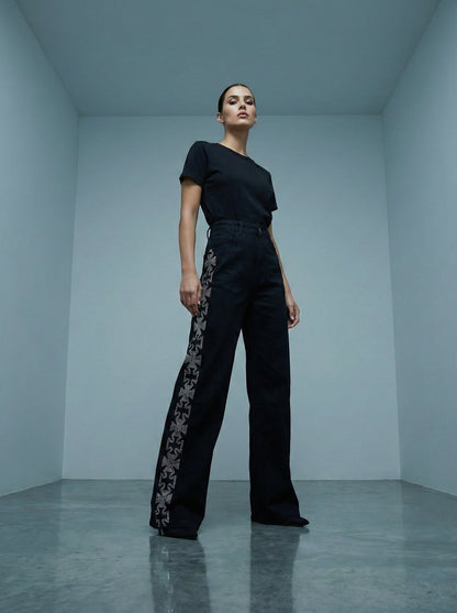 Black Wide-Leg Rhinestone Side Stripe Jeans | Premium Party Wear Fit