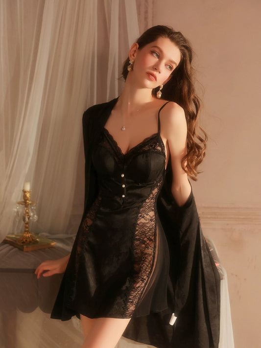 Esther Flattering Lace Padded Trim Nightdress Set (Black)