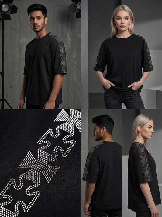 Black Oversized Rhinestone T-Shirt with Crystal Cross Sleeve – Unisex